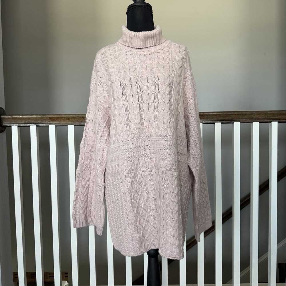C&A Premium Cable Knit Tunic Sweater Large Pink Chunky Fisherman Wool Blend‎